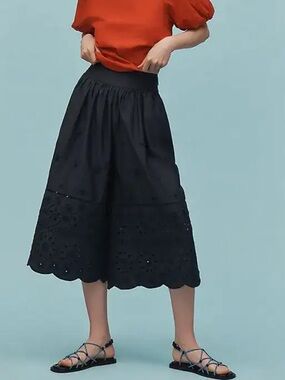 Anthro Maeve Embroidered Eyelet Culottes Navy | Boho Midi Skirt Pants XL